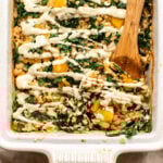 butternut squash rice casserole topped with cashew cream