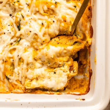 butternut squash stuffed shells in baking dish with golden spoon