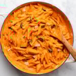 Large pot of penne alla vodka with oregano