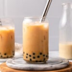 pumpkin chai bubble tea in glass on kitchen counter