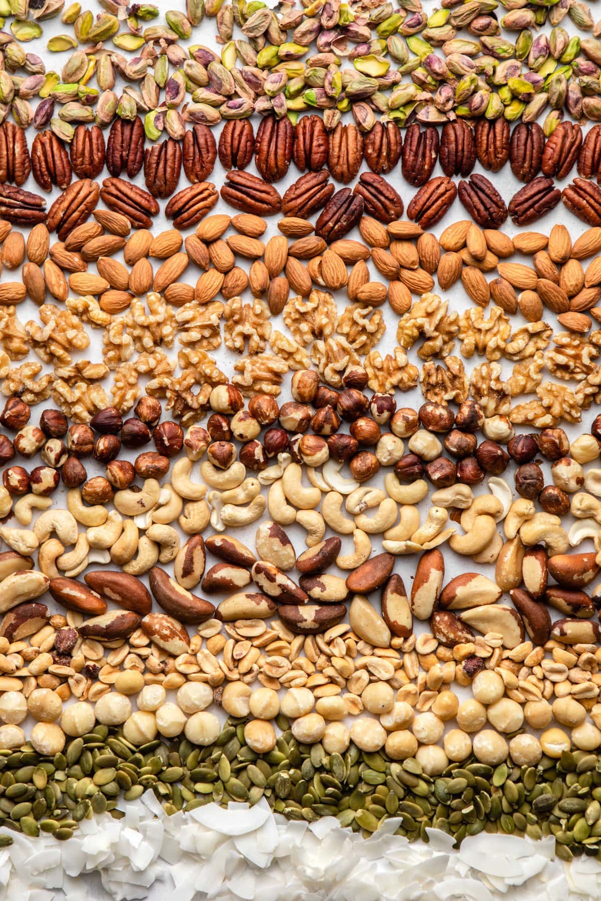 collage of nuts and seeds on white background