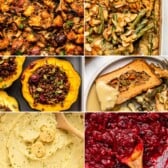 Collage of vegan thanksgiving recipes including stuffing, green bean casserole, acorn squash, tofu turkey, mashed potatoes, cranberry sauce
