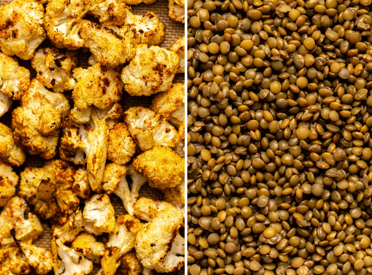 detail photos of roasted cauliflower and cooked lentils