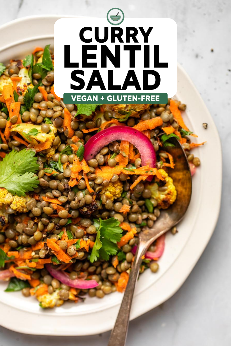 close up photo of half plate of curried lentil salad with red onion and cilantro