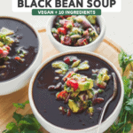 two bowls of black bean soup topped with avocado salsa