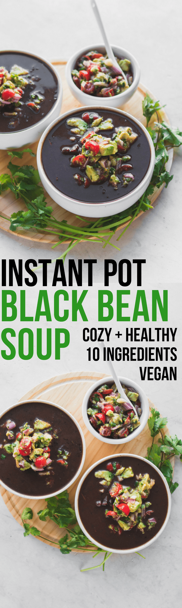 black bean soup in white bowls with salsa and cilantro