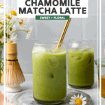 Two glasses of matcha latte with ice and gold straw