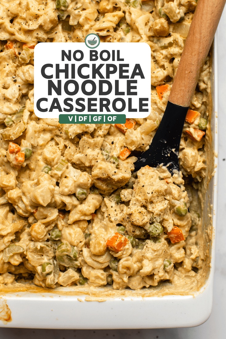 cooked no boil chickpea noodle casserole in white casserole dish topped with black pepper