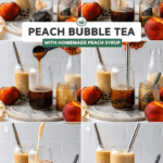collage showing the steps of how to add boba ingredients to a tall glass