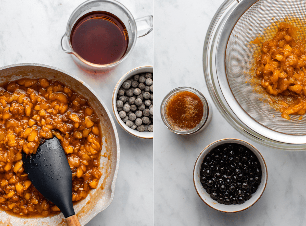 side-by-side photos of peach syrup before and after straining