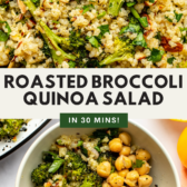 top and bottom images of the salad with the top image showing the zoomed in version of the salad and the image on the bottom showing the salad served in a small bowl with chickpeas