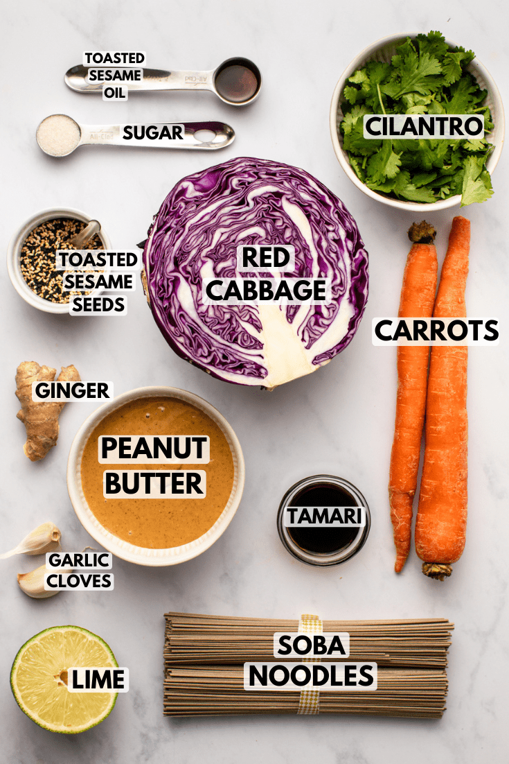 ingredients for soba noodle salad laid out on a marble kitchen countertop