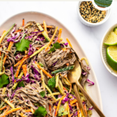 soba noodle salad served in a white plate with a spoon scooping up a portion
