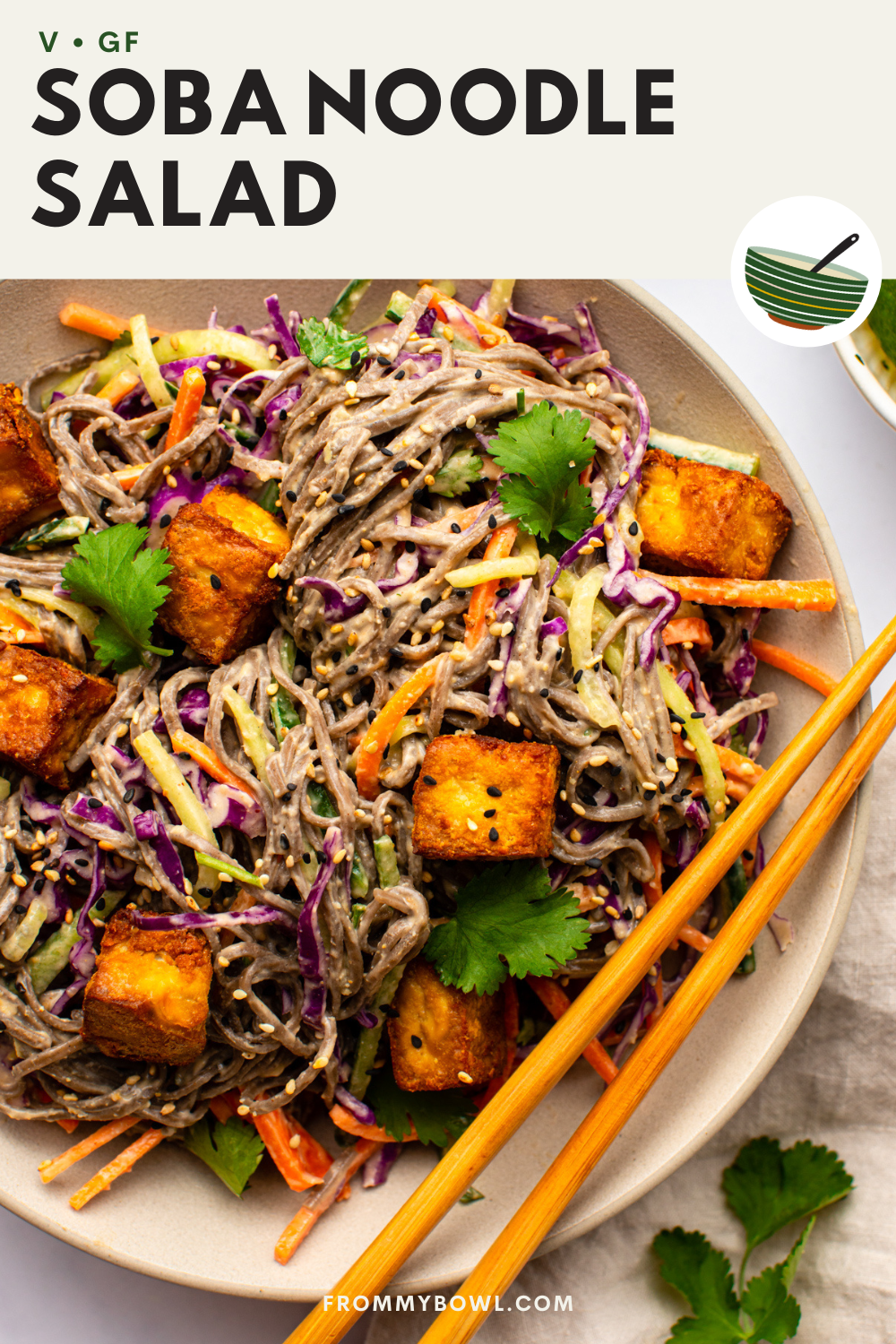soba noodle salad served in a white bowl topped with crispy tofu