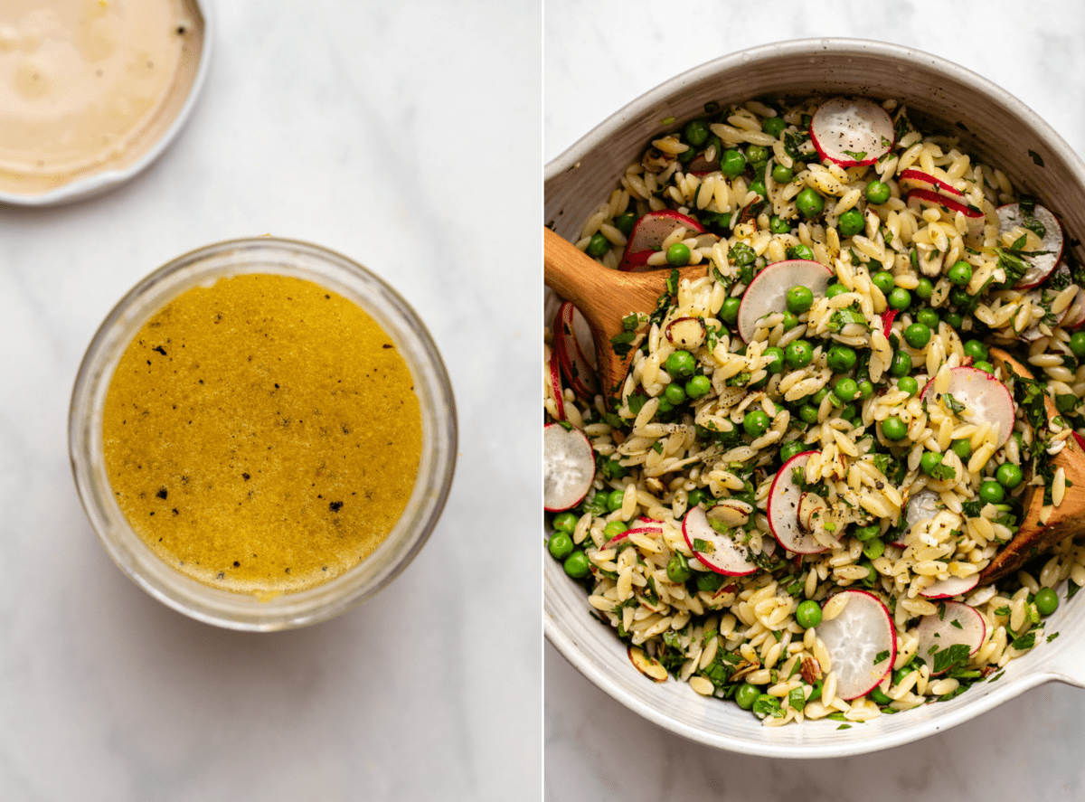 side by side photos of vinaigrette in a jar next to photo of a salad after mixing