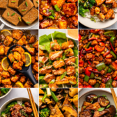 A collage of several different takeout-inspired tofu recipes including Teriyaki Tofu, Orange Tofu, and General Tso's Tofu