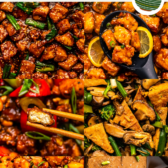 A collage of several different takeout-inspired tofu recipes including Teriyaki Tofu, Orange Tofu, and General Tso's Tofu