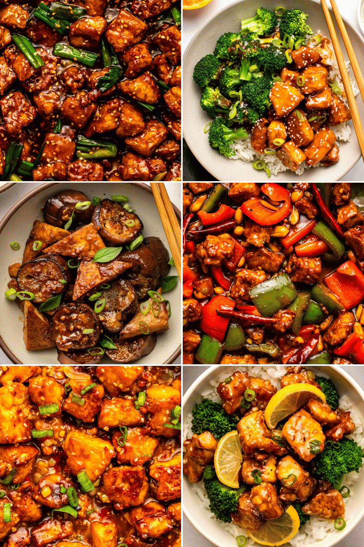 Collage of takeout-inspired tofu recipes 