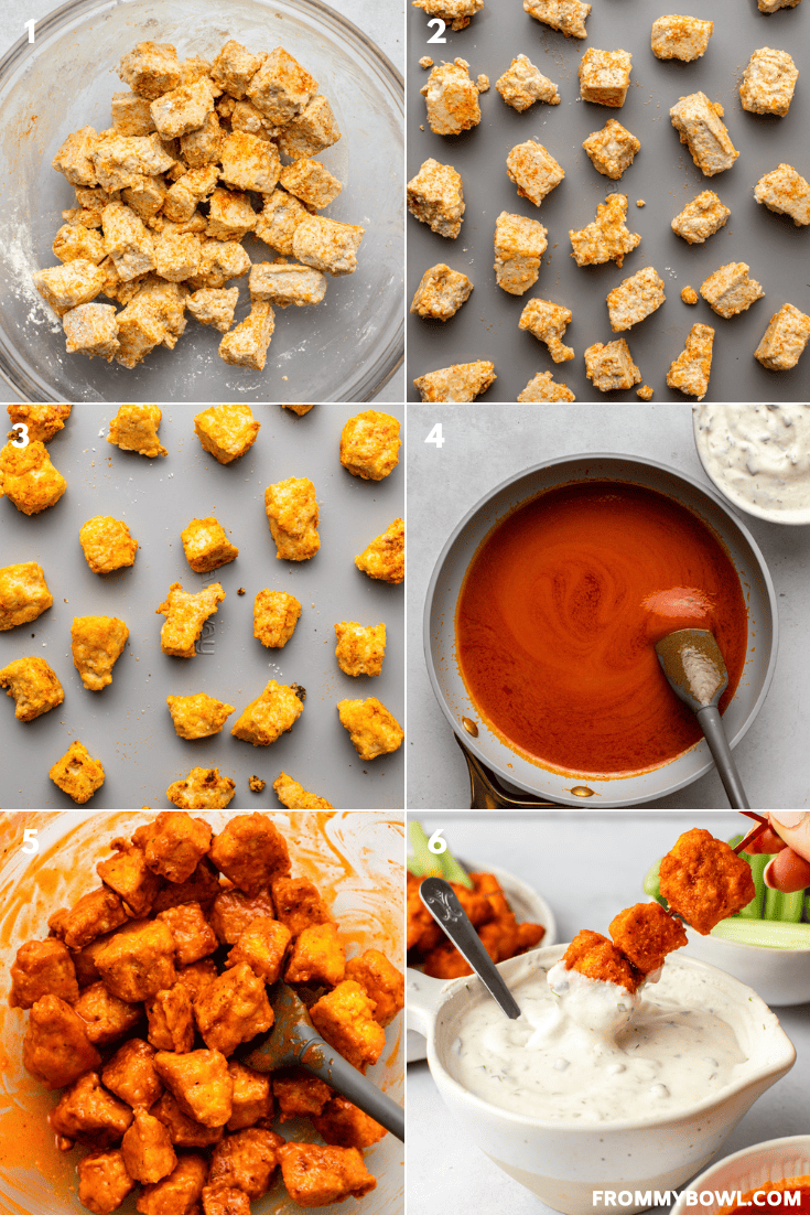 a collage of six images showing the preparation process of buffalo tofu bites