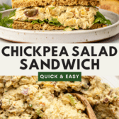 vegan chickpea salad sandwich sliced in half and stacked on white plate