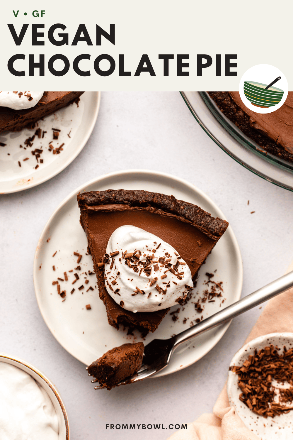 a fork taking the first bite of a slice of chocolate pie served on a white plate topped with coconut cream and chocolate flakes