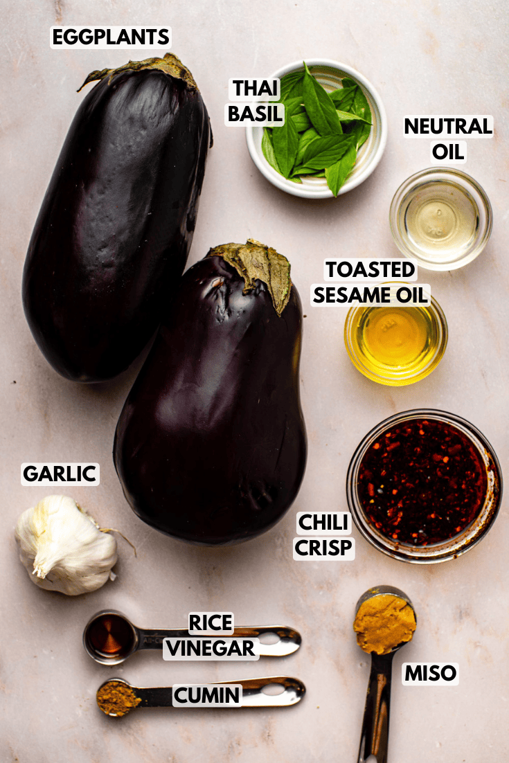 ingredients for garlic miso eggplant dip laid out on a marble kitchen countertop