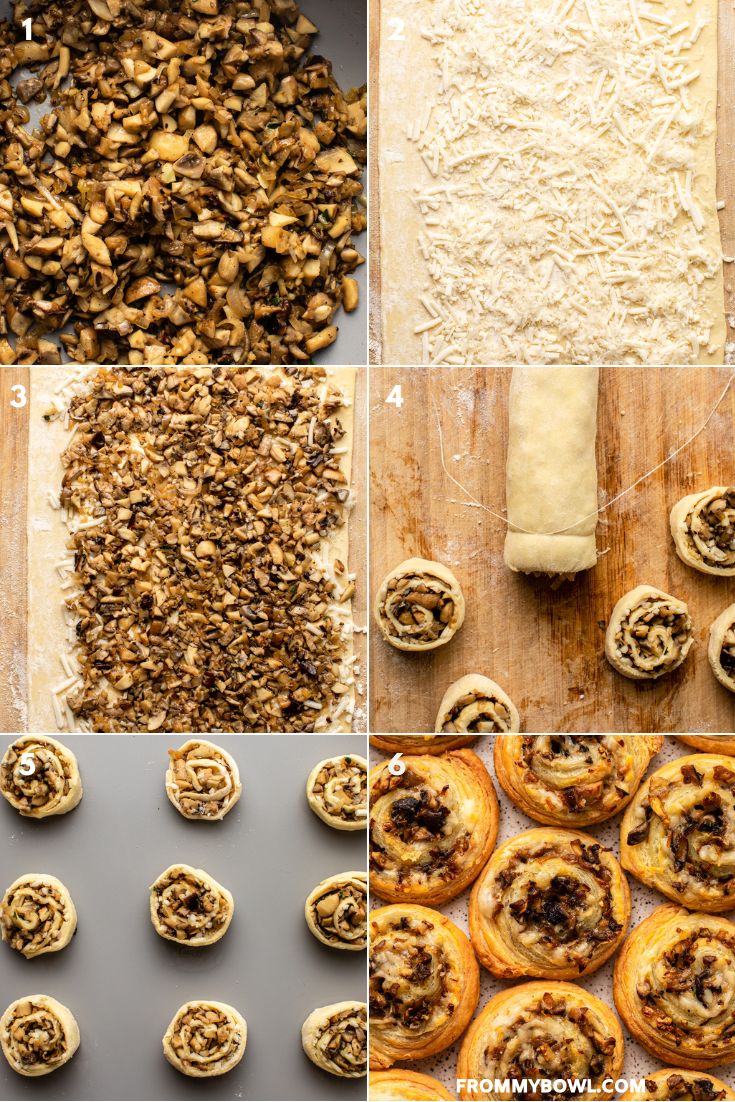step-by-step collage of photos showing steps to make mushroom pinwheels