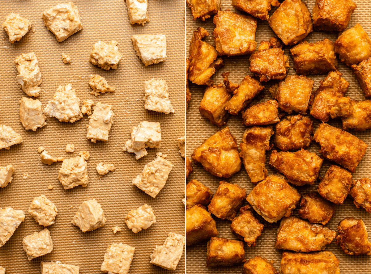 side-by-side photos of tofu on baking sheet before and after baking