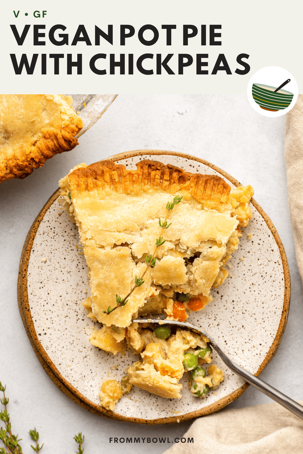 a slice of vegan pot pie cut out and served on a dotted white plate with a spoon digging in