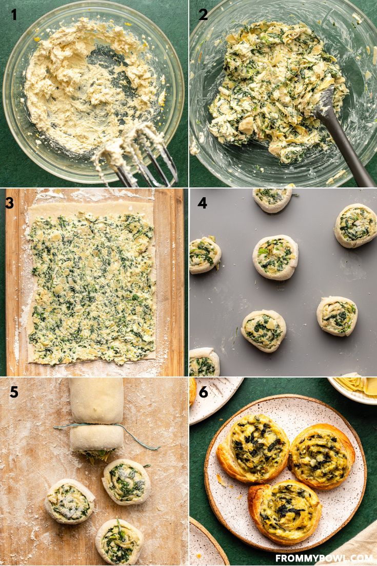 a collage of six images showing the baking process of spinach artichoke pinwheels